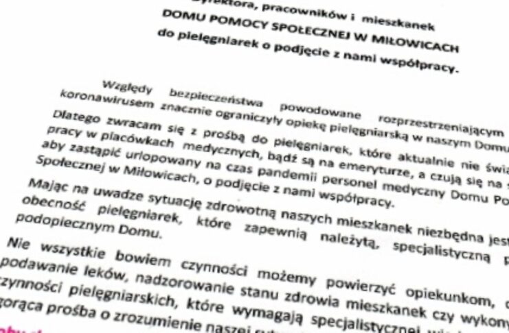 Dom Pomocy Społecznej w Miłowicach prosi pielęgniarki o pomoc