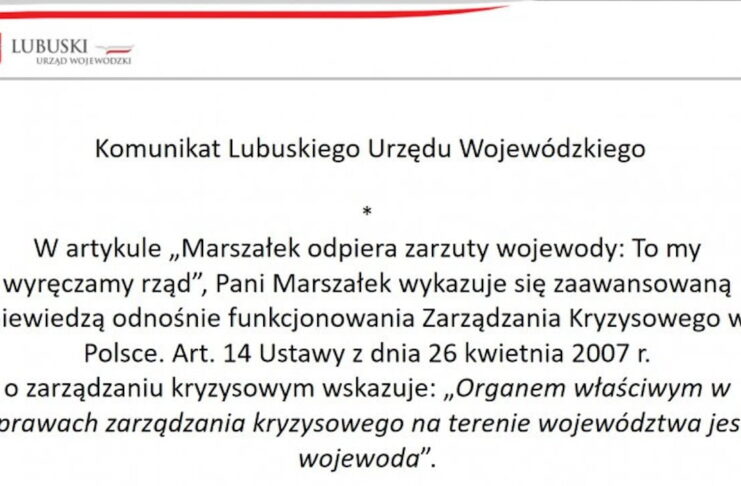 Wojewoda Lubuski: Marszałek wykazuje się zaawansowaną niewiedzą odnośnie Zarządzania Kryzysowego w Polsce