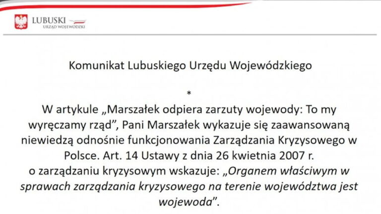 Wojewoda Lubuski: Marszałek wykazuje się zaawansowaną niewiedzą odnośnie Zarządzania Kryzysowego w Polsce