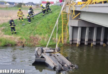Na drodze Kargowa-Dąbrówka 21-latek przebił barierki a jego samochód spadł z mostu