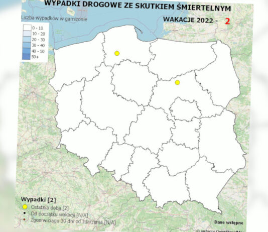Policyjna mapa wypadków ze skutkiem śmiertelnym w pierwszy dzień wakacji 2022
