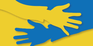 Flaga Ukrainy ze splecionymi rękoma
