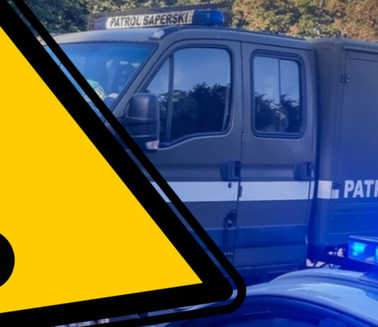 Kostrzyn nad Odrą: Niewybuch na budowie mostu na Warcie. Ruch na moście tymczasowym odbywa się normalnie Znak ostrzegawczy i patrol saperski w tle