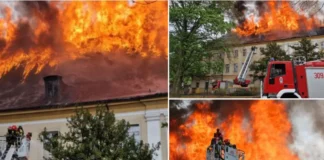 Pożar Akademii Jakuba z Paradyża w Gorzowie - ogień strawił dach i piętro budynku