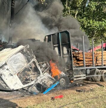 Pożar w Golinie: Spłonęła ciężarówka z drewnem